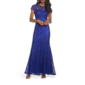 TADASHI SHOJI Indigo Blue Allison Cap Sleeve Lace Stretch Mermaid Gown Size 6